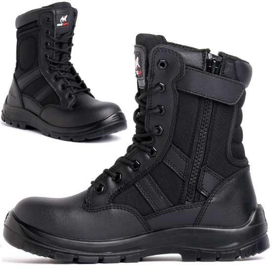 MENS BLACK LEATHER ANKLE SAFETY BOOTS COMBAT LACE UP STEEL TOE CAP WORK BOOTS POLICE MILITARY HIKER ZIP / LACE UP SHOES SIZE Men's Safety Footwear image