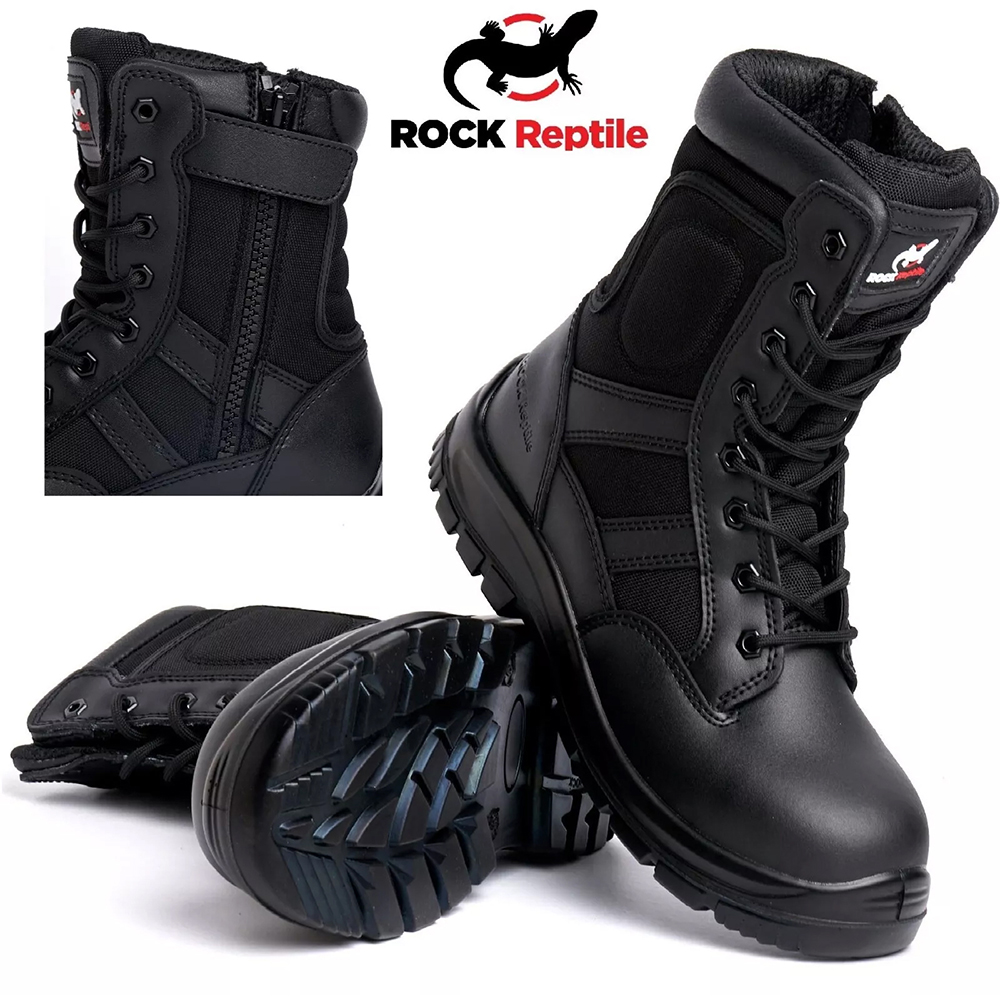 MENS BLACK LEATHER ANKLE SAFETY BOOTS COMBAT LACE UP STEEL TOE CAP WORK ...
